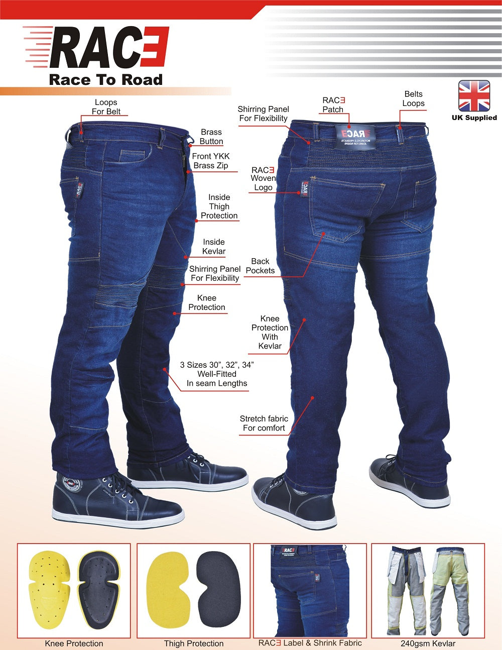 RAC3 Original Men's Slim Fit Motorbike Protective Armored Lining Blue Denim Jeans Trousers