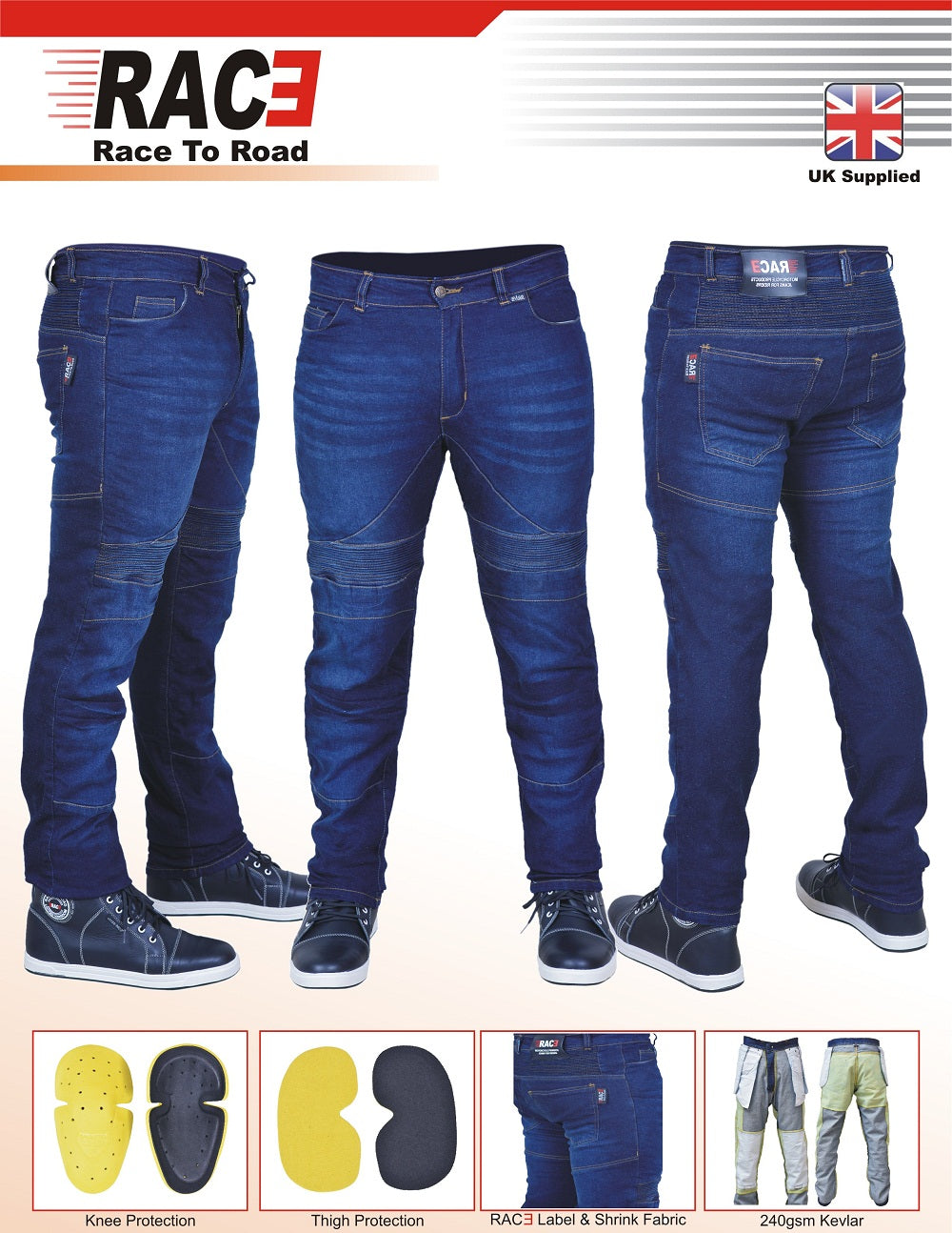 RAC3 Original Men's Slim Fit Motorbike Protective Armored Lining Blue Denim Jeans Trousers