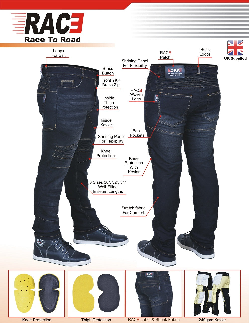 RAC3 Original Men's Slim Fit Motorbike Protective Armored Lining Denim Jeans Trousers