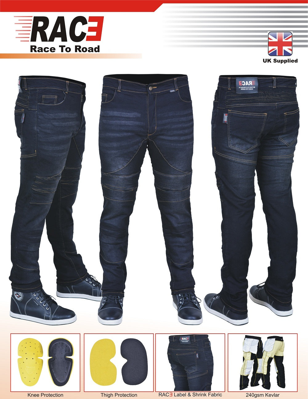 RAC3 Original Men's Slim Fit Motorbike Protective Armored Lining Denim Jeans Trousers